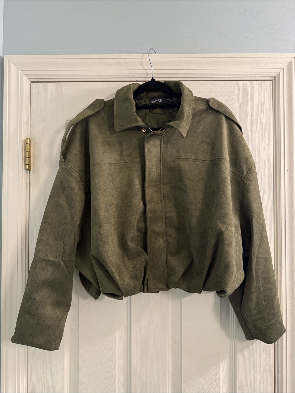 Oversized Olive Green Suede Bomber Jacket - Size S NWOT
